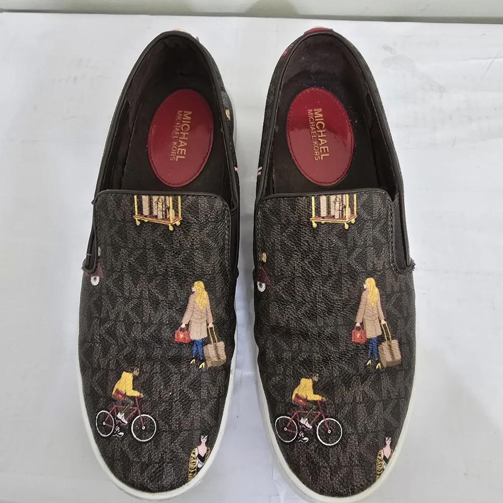 MICHAEL KORS size 7 Jet Set Trent Travel Print Logo Slip On‎ Shoes Brown